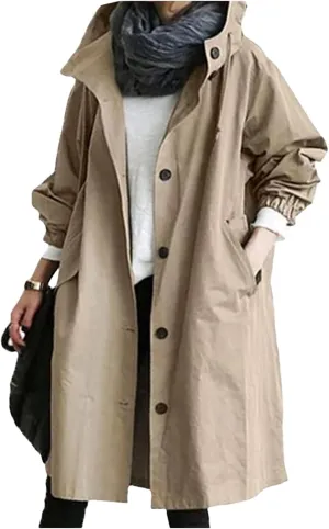 Women's Trench Coats with Hood Windbreaker Single Breasted Long Trench Coat Casual Classic Jacket Overcoat Outwear