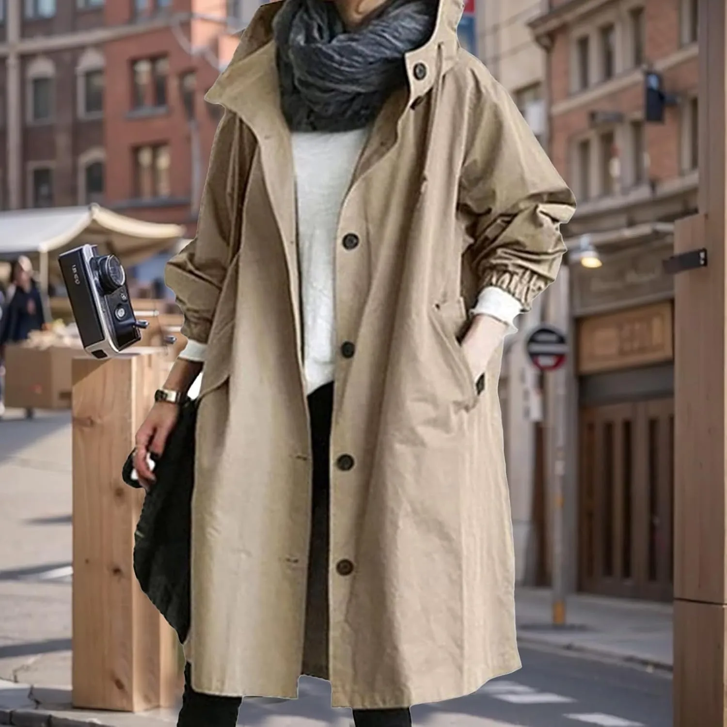 Women's Trench Coats with Hood Windbreaker Single Breasted Long Trench Coat Casual Classic Jacket Overcoat Outwear