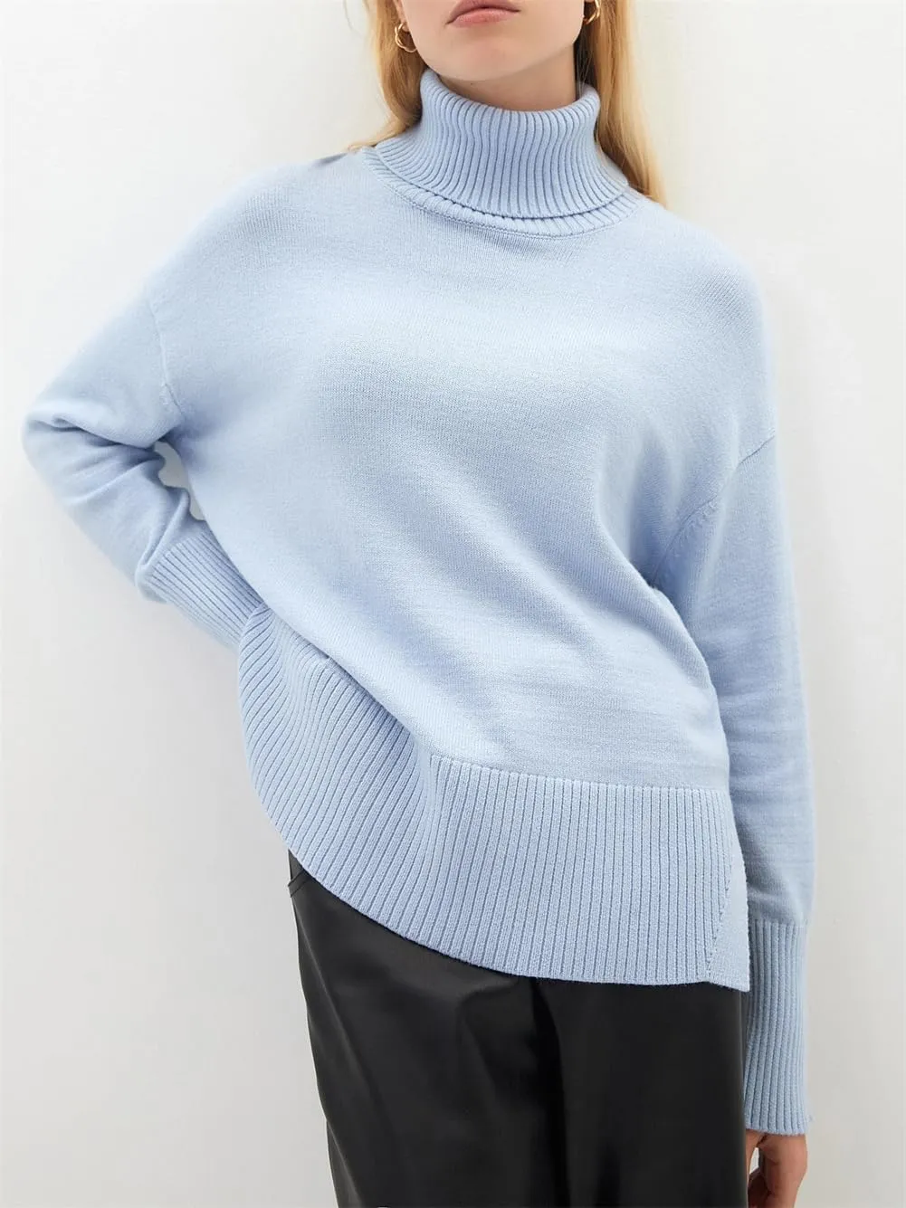 Women's Turtleneck Oversize Pullover Sweaters Winter Soft Warm Knitted Sweaters with Side Slit