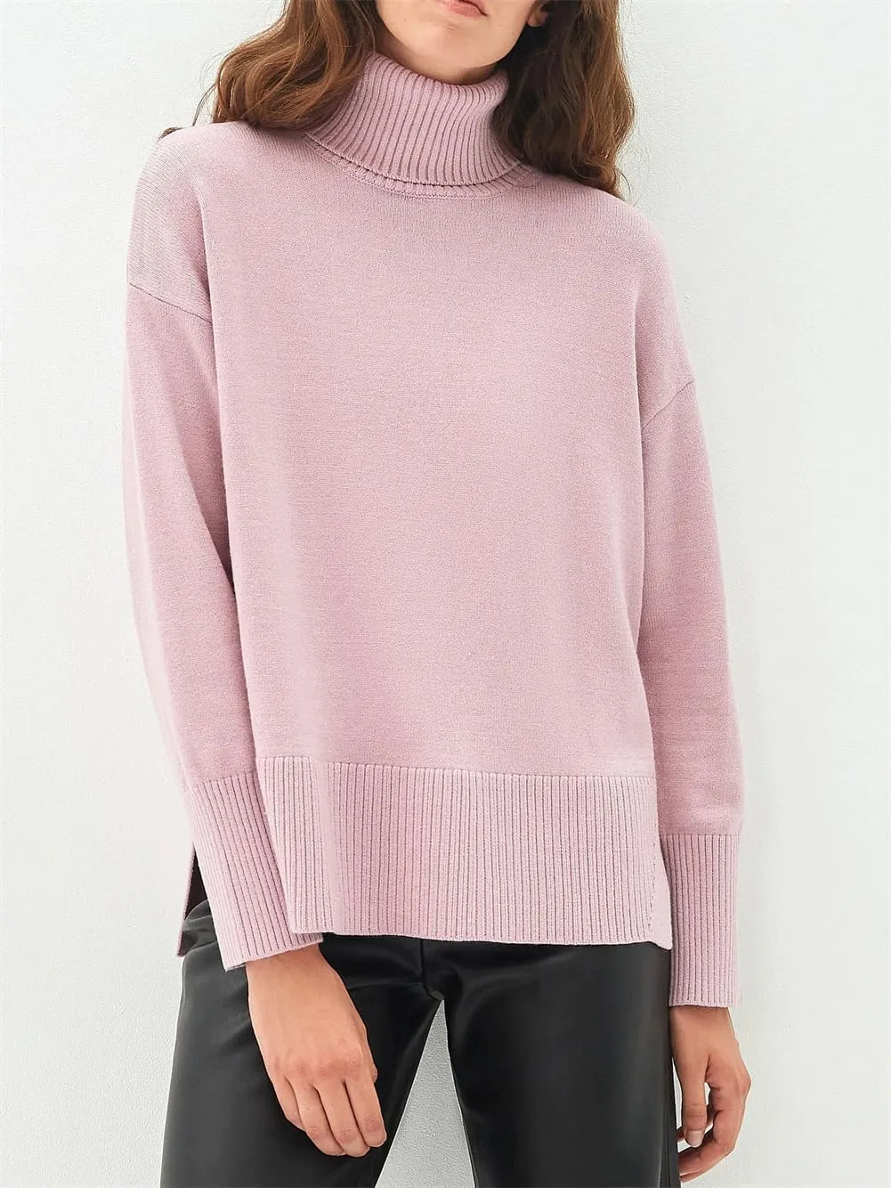Women's Turtleneck Oversize Pullover Sweaters Winter Soft Warm Knitted Sweaters with Side Slit