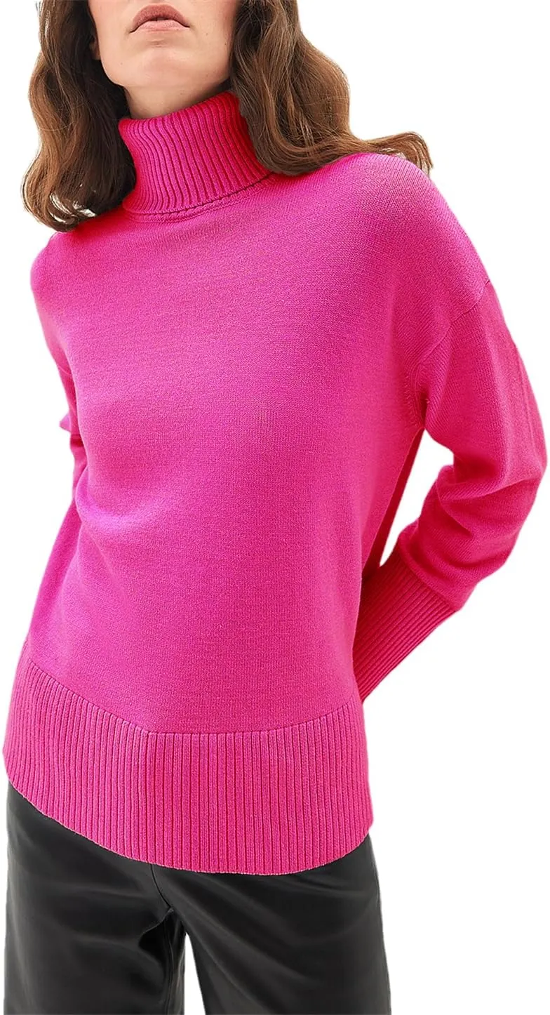 Women's Turtleneck Oversize Sweaters Soft Warm Knitted Sweaters Side Slit Loose Pullover