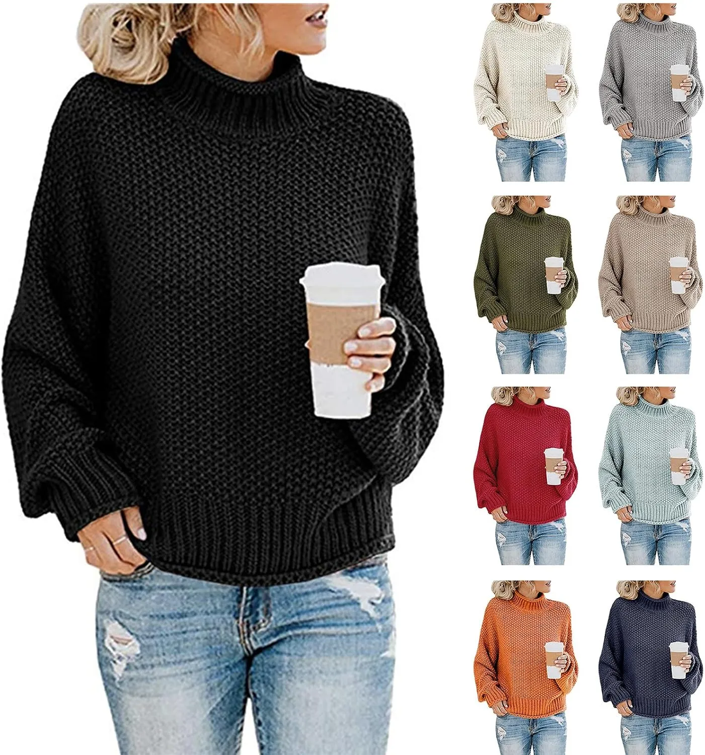 Womens Turtleneck Sweater Oversized Batwing Sleeve Chunky Knitted Pullover Sweater Jumper