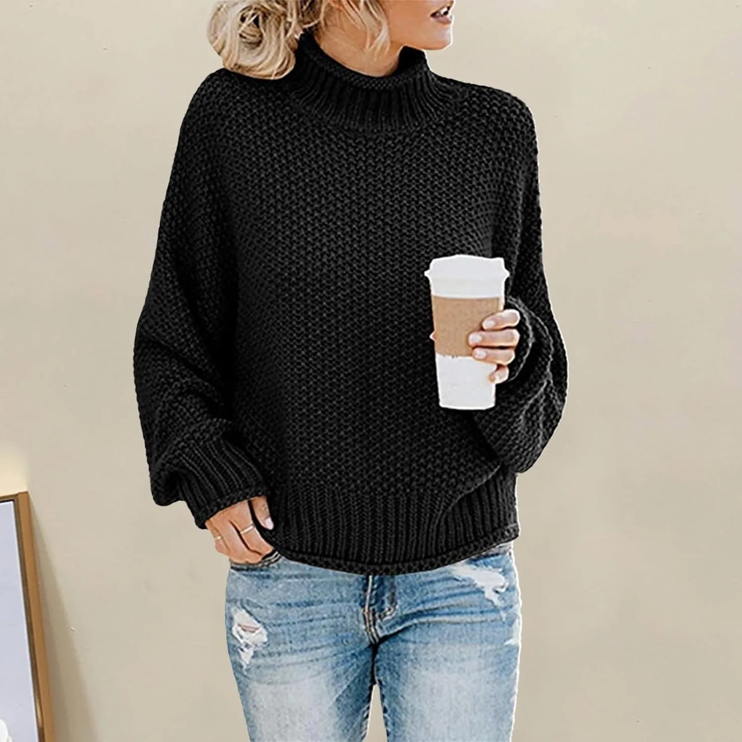 Womens Turtleneck Sweater Oversized Batwing Sleeve Chunky Knitted Pullover Sweater Jumper