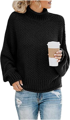 Womens Turtleneck Sweater Oversized Batwing Sleeve Chunky Knitted Pullover Sweater Jumper