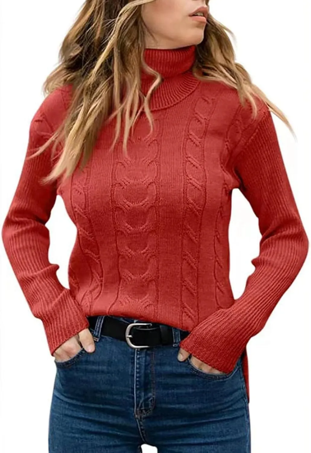 Womens Turtleneck Sweaters Long Sleeve Chunky Pullover Sweater Casual Slim Fit Fall Loose Knit Jumper Tops 2024