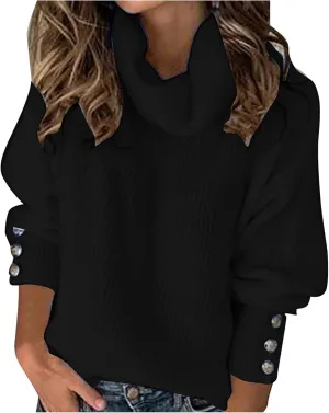 Womens Turtleneck Sweaters Plus Size Lantern Sleeve Ribbed Knit Pullover Casual Soft Solid Fall Winter Jumper Tops