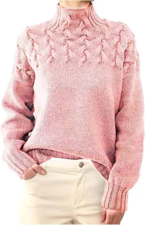 Womens Winter Casual Long Sleeve Solid Color Cable Knit Balloon Sleeve Mock Neck Sweater Warm Basic Pullover