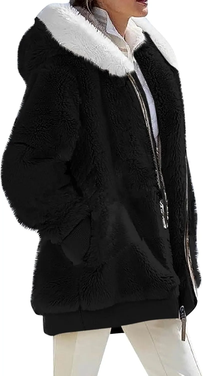 Womens Winter Coats Fuzzy Fleece Jacket Hooded Color Block Patchwork Cardigan Coat Warm Outerwear With Pocket
