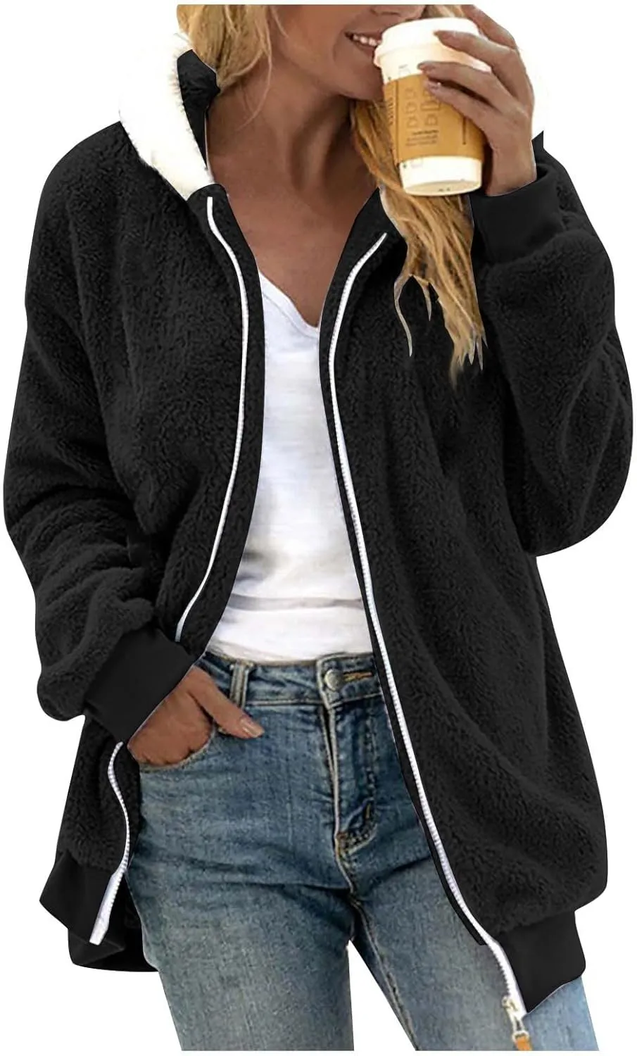 Womens Winter Coats Fuzzy Fleece Jacket Hooded Color Block Patchwork Cardigan Coat Warm Outerwear With Pocket