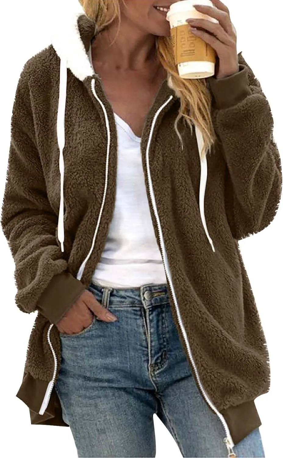 Womens Winter Coats Fuzzy Fleece Jacket Hooded Color Block Patchwork Cardigan Coat Warm Outerwear With Pocket