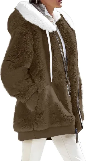 Womens Winter Coats Fuzzy Fleece Jacket Hooded Color Block Patchwork Cardigan Coat Warm Outerwear With Pocket