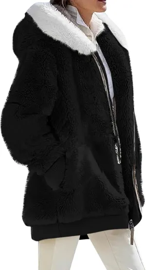 Womens Winter Coats Fuzzy Fleece Jacket Hooded Color Block Patchwork Cardigan Coat Warm Outerwear With Pocket
