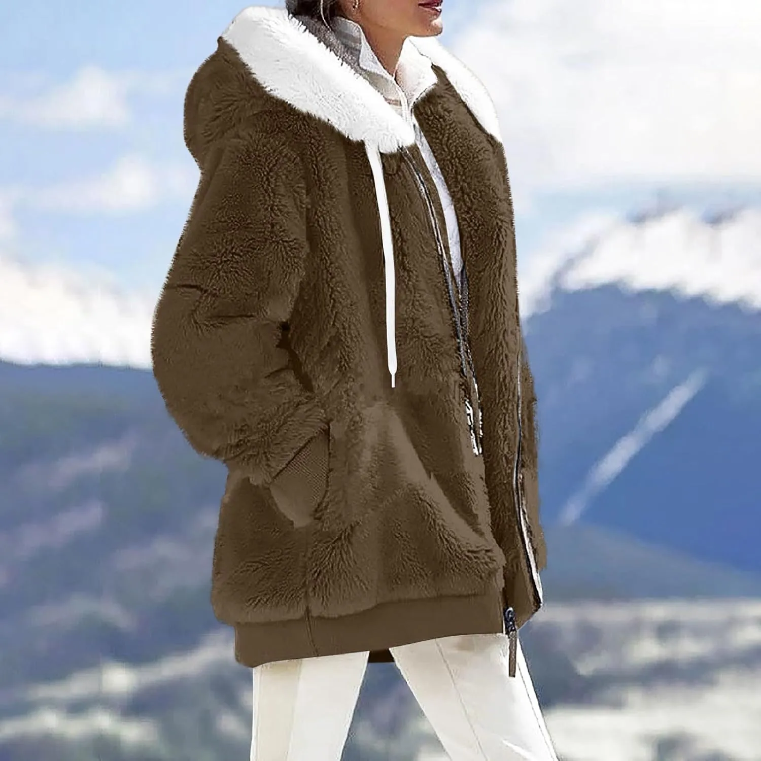 Womens Winter Coats Fuzzy Fleece Jacket Hooded Color Block Patchwork Cardigan Coat Warm Outerwear With Pocket