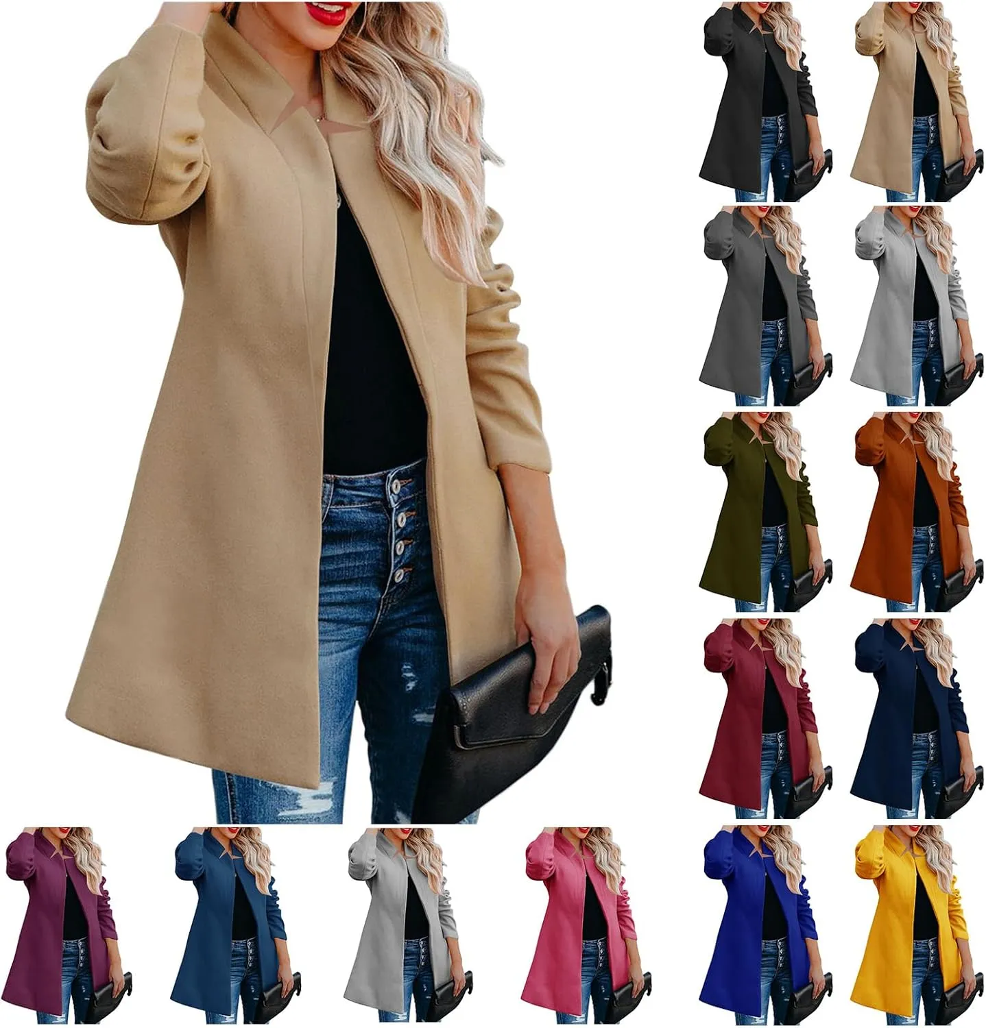 Womens Winter Coats Lapel Open Front Long Jacket Wool Blend Over Pea Coats Classic Overcoat Outerwear