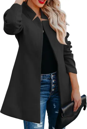 Womens Winter Coats Lapel Open Front Long Jacket Wool Blend Over Pea Coats Classic Overcoat Outerwear