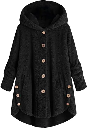 Womens Winter Coats Oversized Fleece Hooded Coat Casual Loose Button Cardigan Jackets Warm Pajama Outdoor