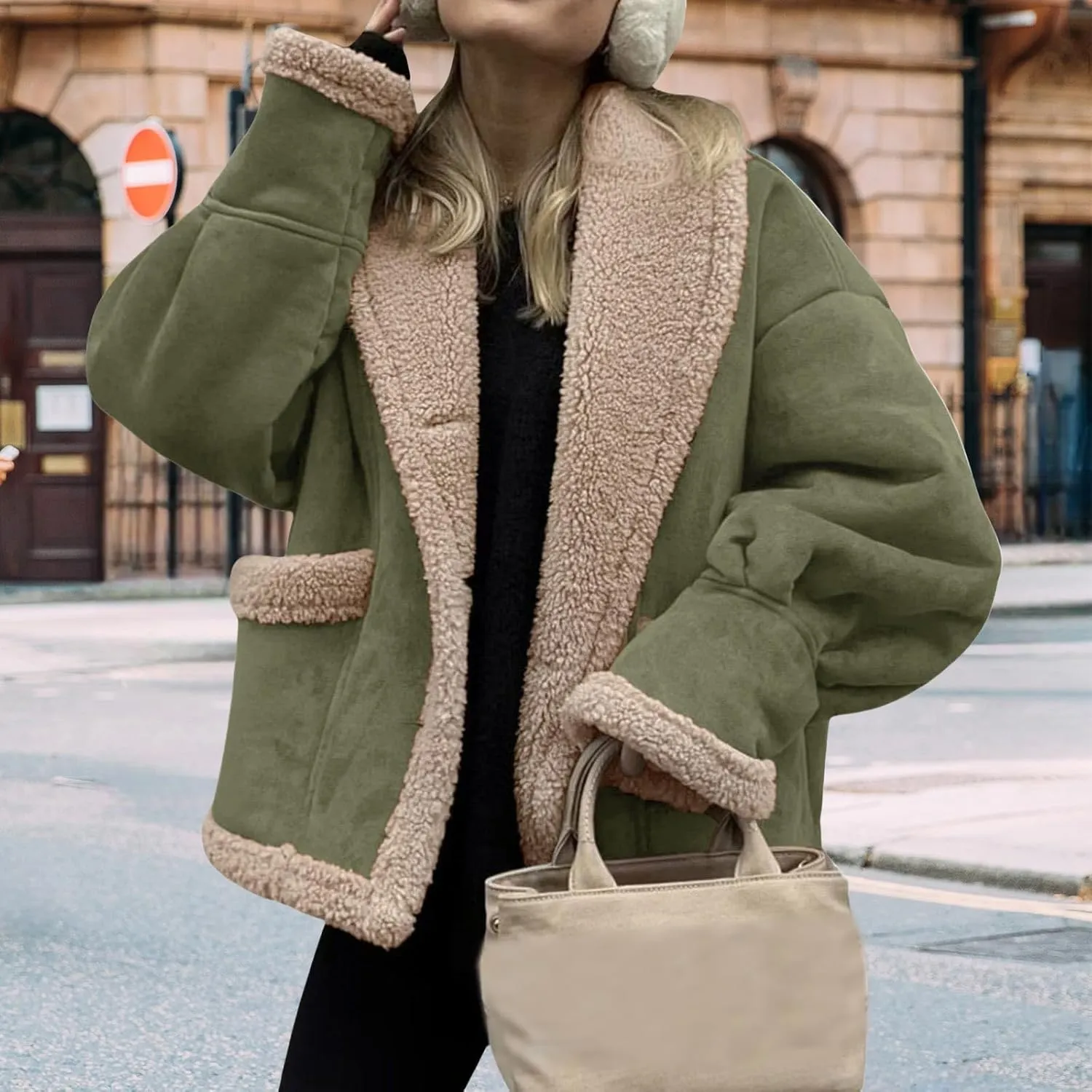 Womens Winter Faux Suede Jacket Oversized Sherpa Lined Long Sleeve Jackets Lapel Button Down Thick Coat Outwear