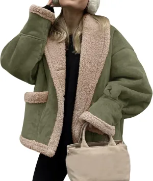 Womens Winter Faux Suede Jacket Oversized Sherpa Lined Long Sleeve Jackets Lapel Button Down Thick Coat Outwear