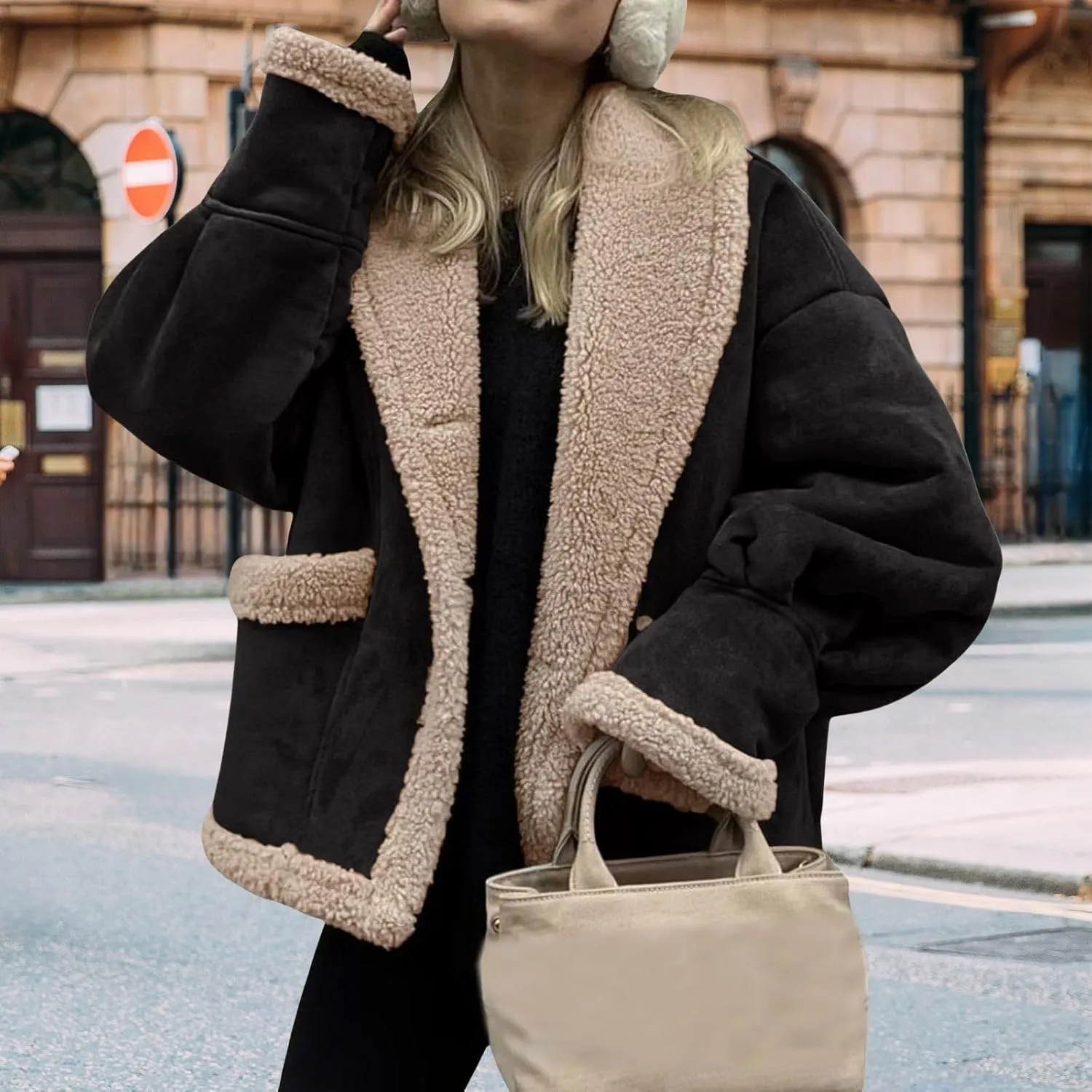 Womens Winter Faux Suede Jacket Oversized Sherpa Lined Long Sleeve Jackets Lapel Button Down Thick Coat Outwear