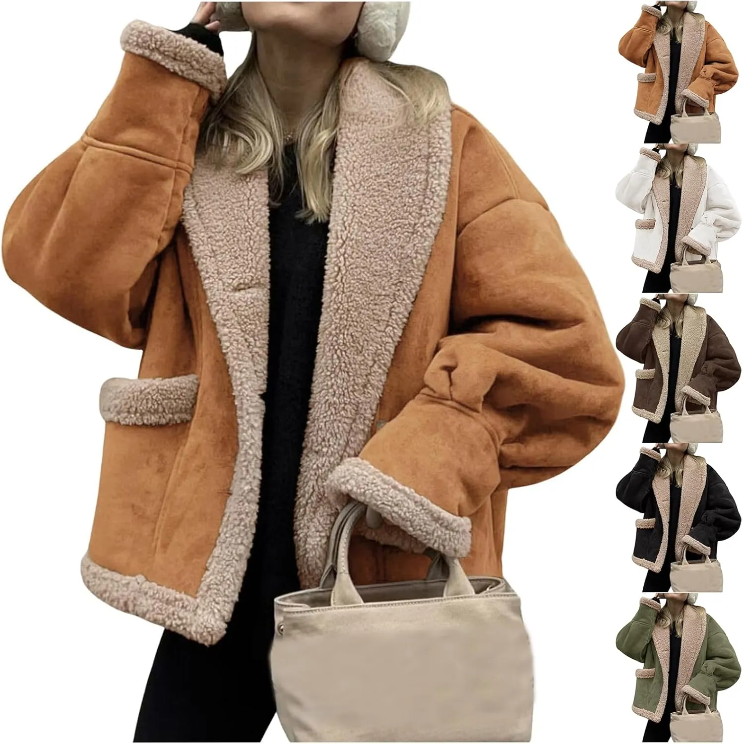 Womens Winter Faux Suede Jacket Oversized Sherpa Lined Long Sleeve Jackets Lapel Button Down Thick Coat Outwear