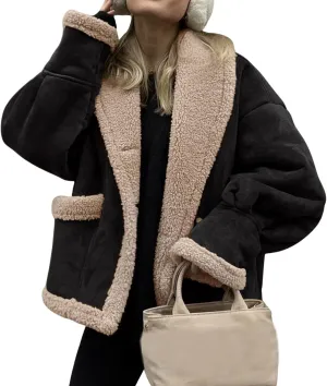 Womens Winter Faux Suede Jacket Oversized Sherpa Lined Long Sleeve Jackets Lapel Button Down Thick Coat Outwear