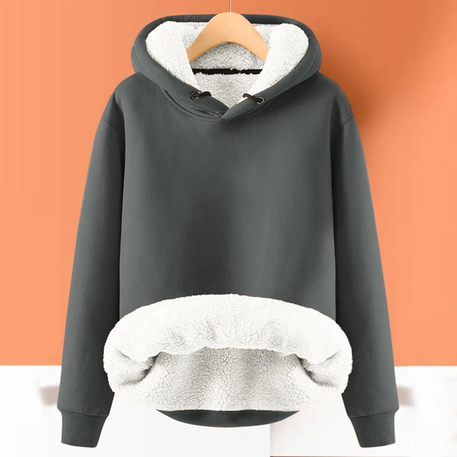 Women's Winter Warm Fleece Sherpa Lined Hoodies Solid Crewneck Hooded Sweatshirts Thick Pullover Jumper Tops