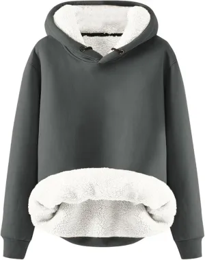 Women's Winter Warm Fleece Sherpa Lined Hoodies Solid Crewneck Hooded Sweatshirts Thick Pullover Jumper Tops