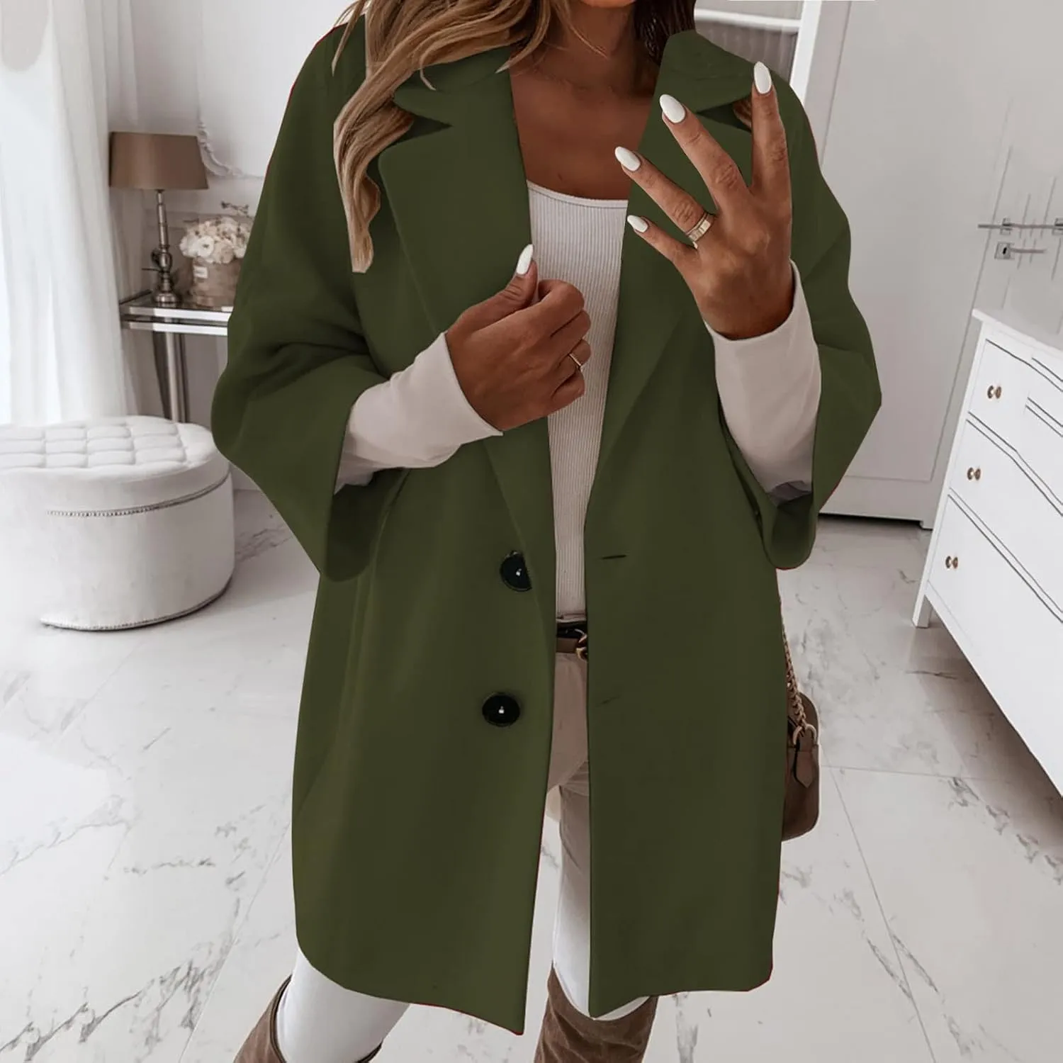 Women's Winter Wool Blend Coat Notch Lapel Double Breasted Jackets Oversized Loose Fit Warm Coats Mid-Long Outerwear