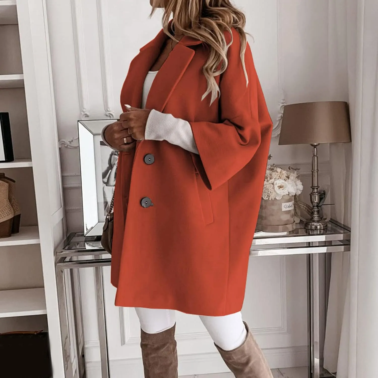 Women's Winter Wool Blend Coat Notch Lapel Double Breasted Jackets Oversized Loose Fit Warm Coats Mid-Long Outerwear