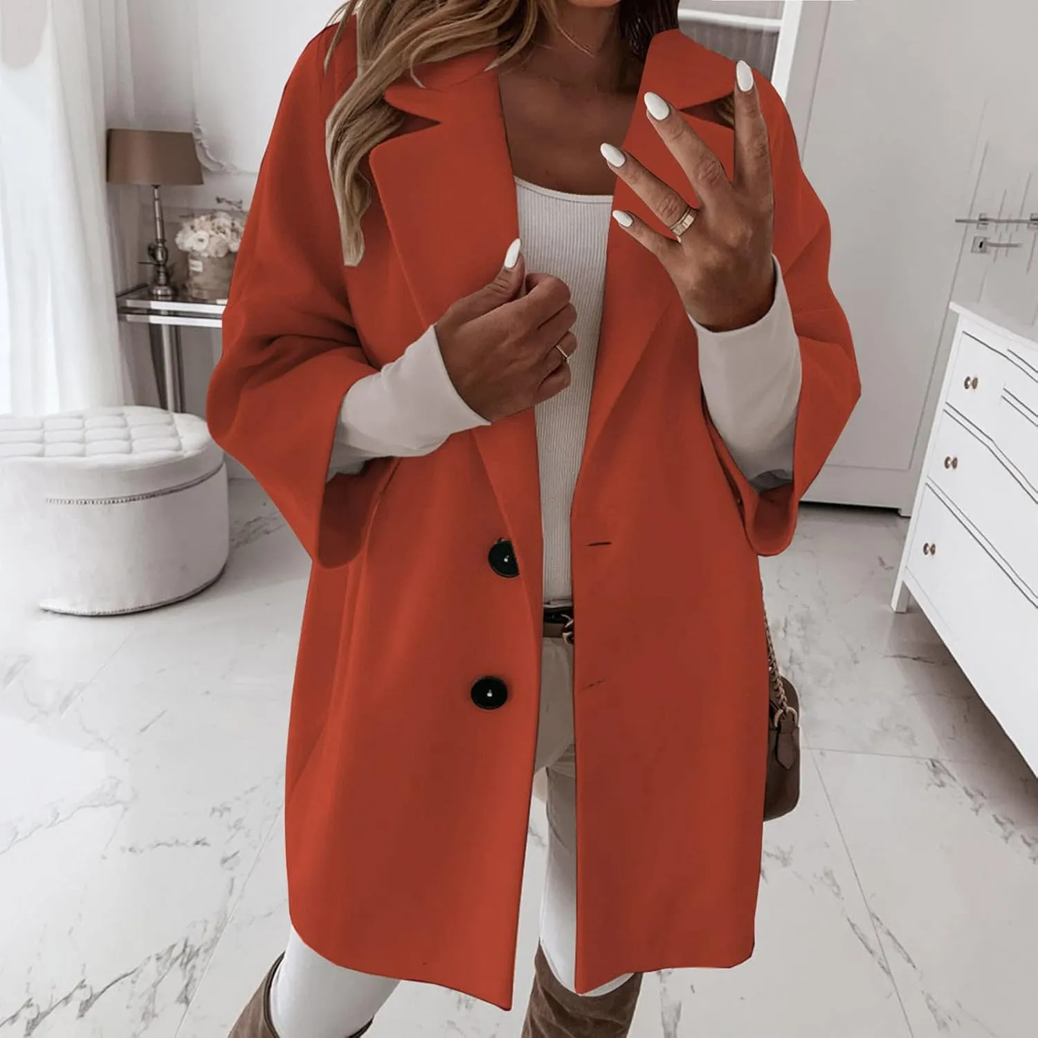 Women's Winter Wool Blend Coat Notch Lapel Double Breasted Jackets Oversized Loose Fit Warm Coats Mid-Long Outerwear