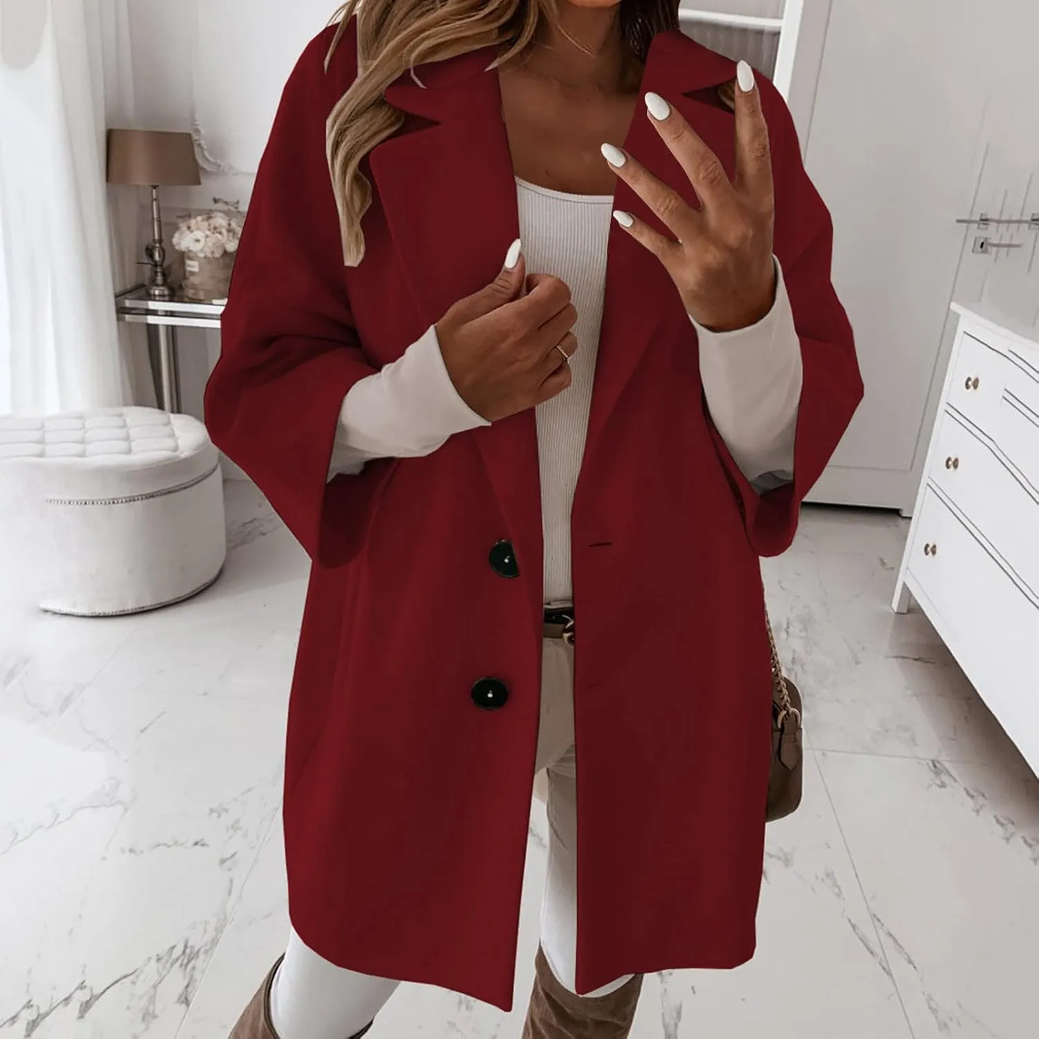 Women's Winter Wool Blend Coat Notch Lapel Double Breasted Jackets Oversized Loose Fit Warm Coats Mid-Long Outerwear