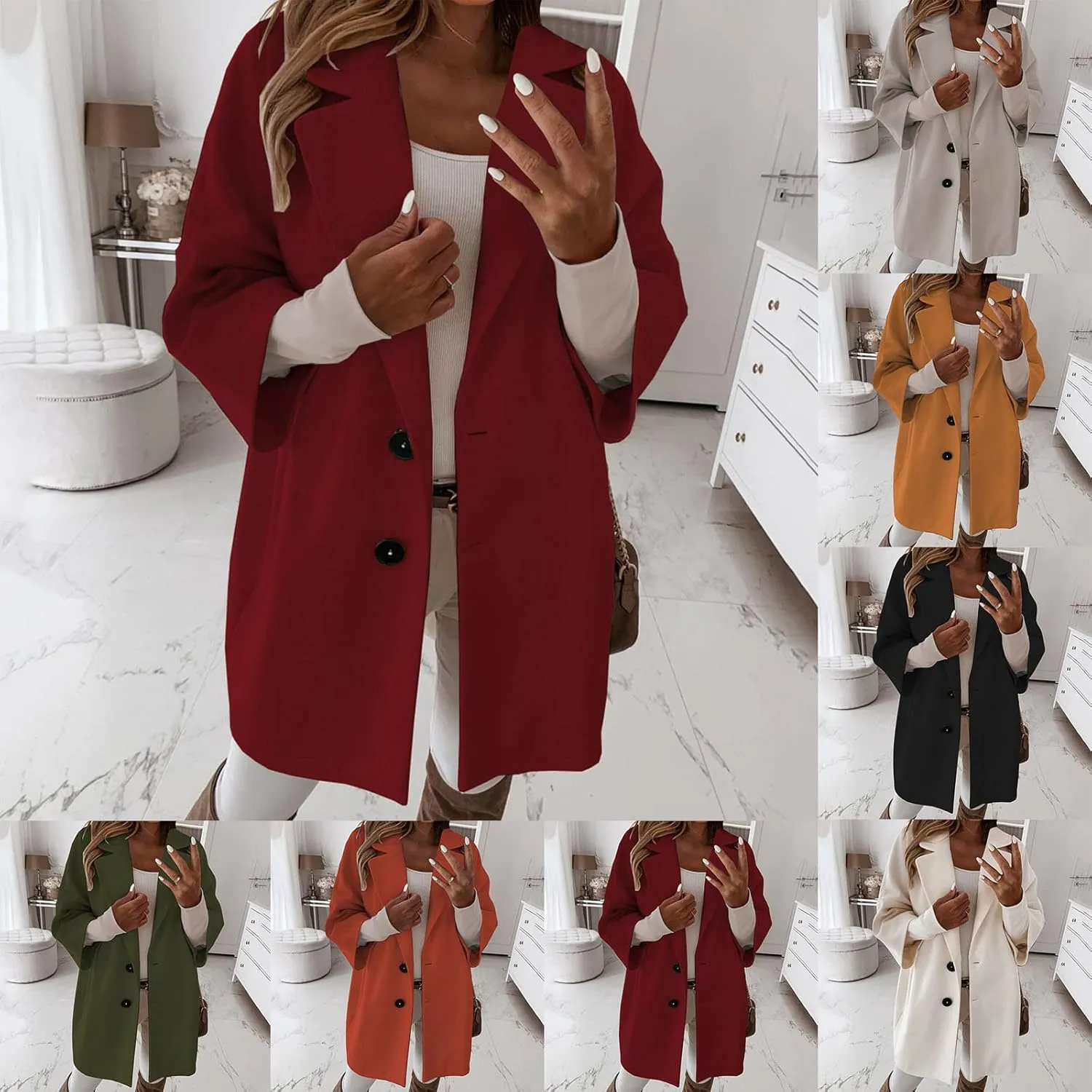 Women's Winter Wool Blend Coat Notch Lapel Double Breasted Jackets Oversized Loose Fit Warm Coats Mid-Long Outerwear