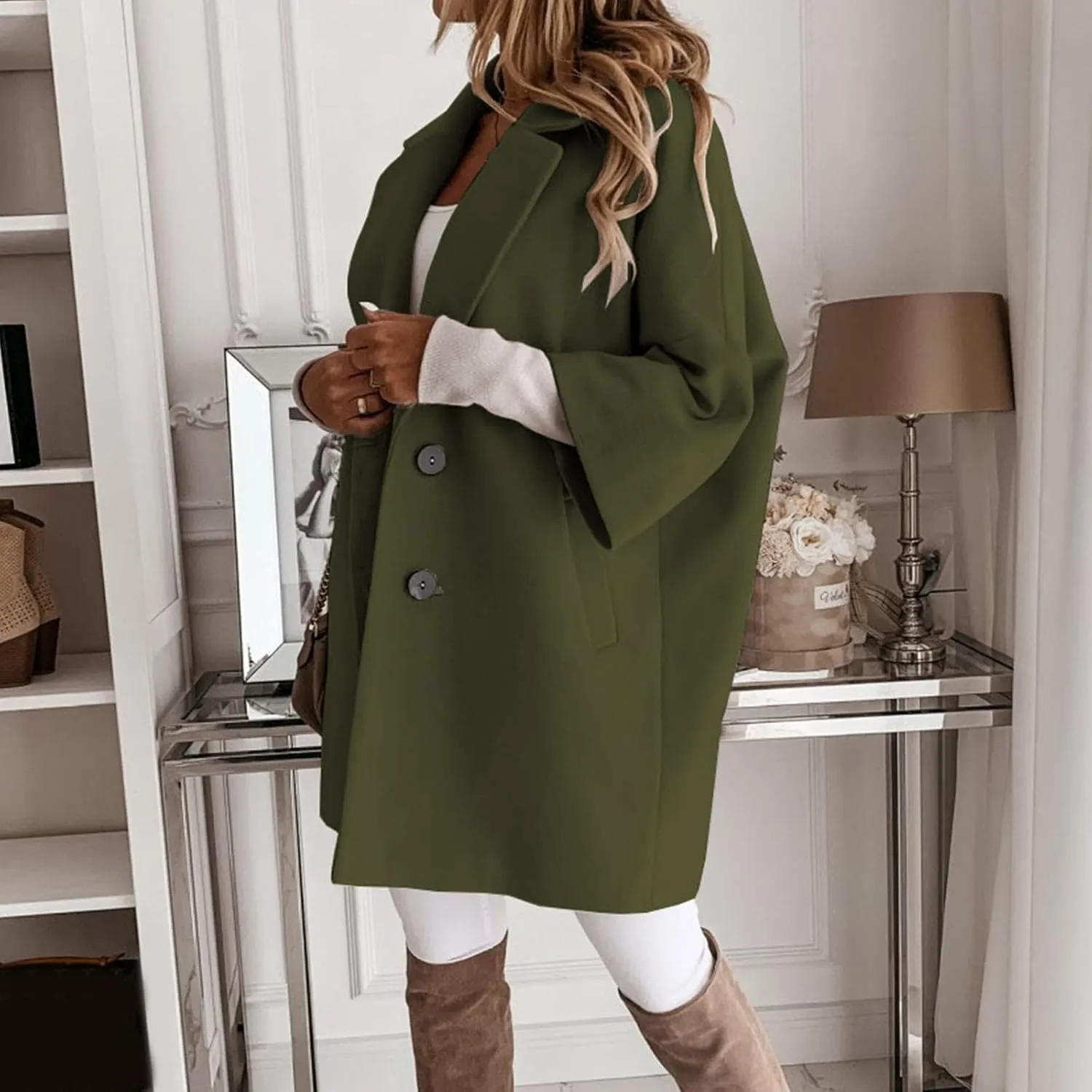 Women's Winter Wool Blend Coat Notch Lapel Double Breasted Jackets Oversized Loose Fit Warm Coats Mid-Long Outerwear