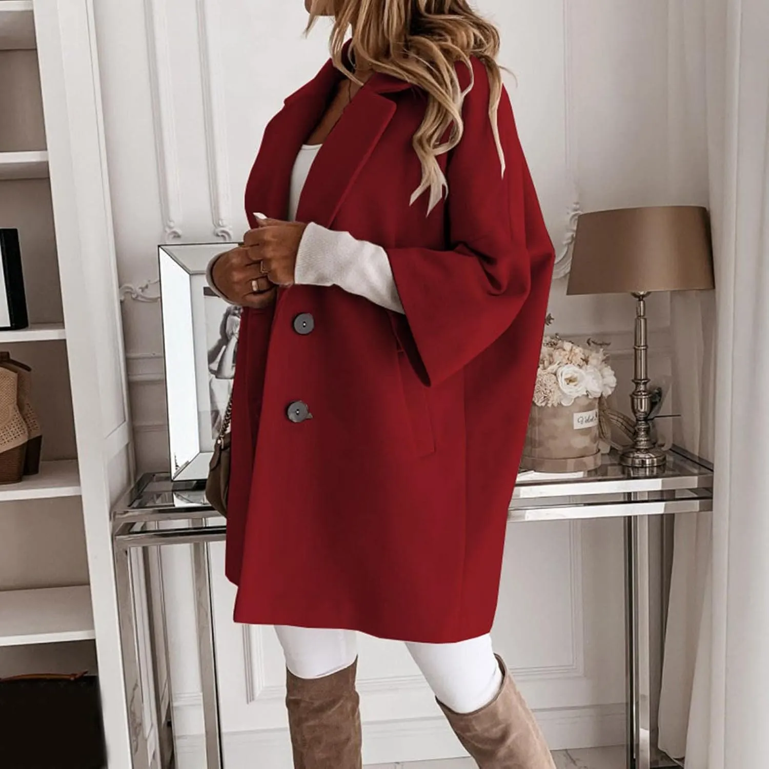 Women's Winter Wool Blend Coat Notch Lapel Double Breasted Jackets Oversized Loose Fit Warm Coats Mid-Long Outerwear