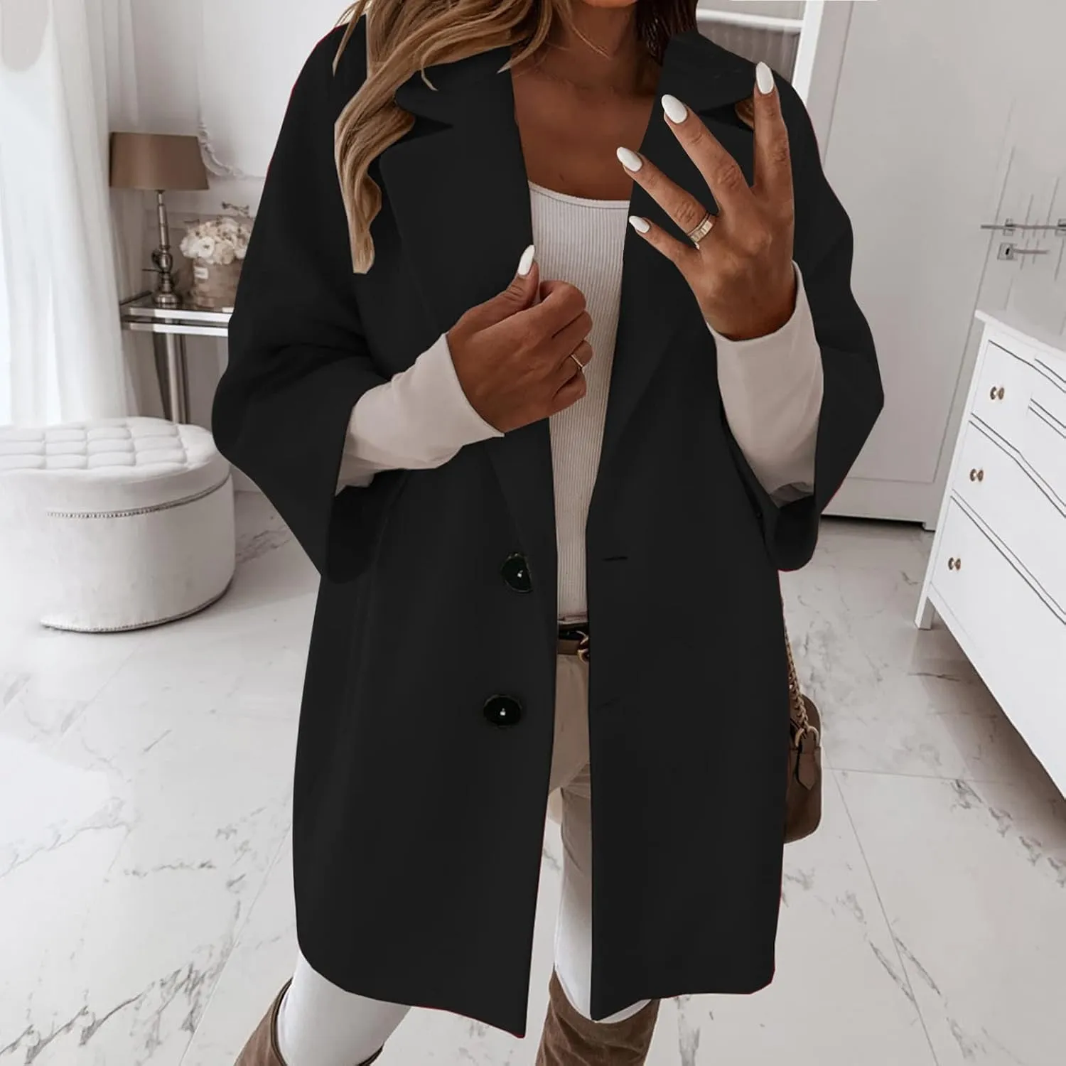 Women's Winter Wool Blend Coat Notch Lapel Double Breasted Jackets Oversized Loose Fit Warm Coats Mid-Long Outerwear
