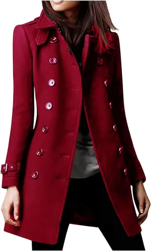 Women's Winter Wool Blend Jacket Lapel Collar Double-Breasted Wool Blend Long Trench Coat Mid Long Pea Coat Warm 2024