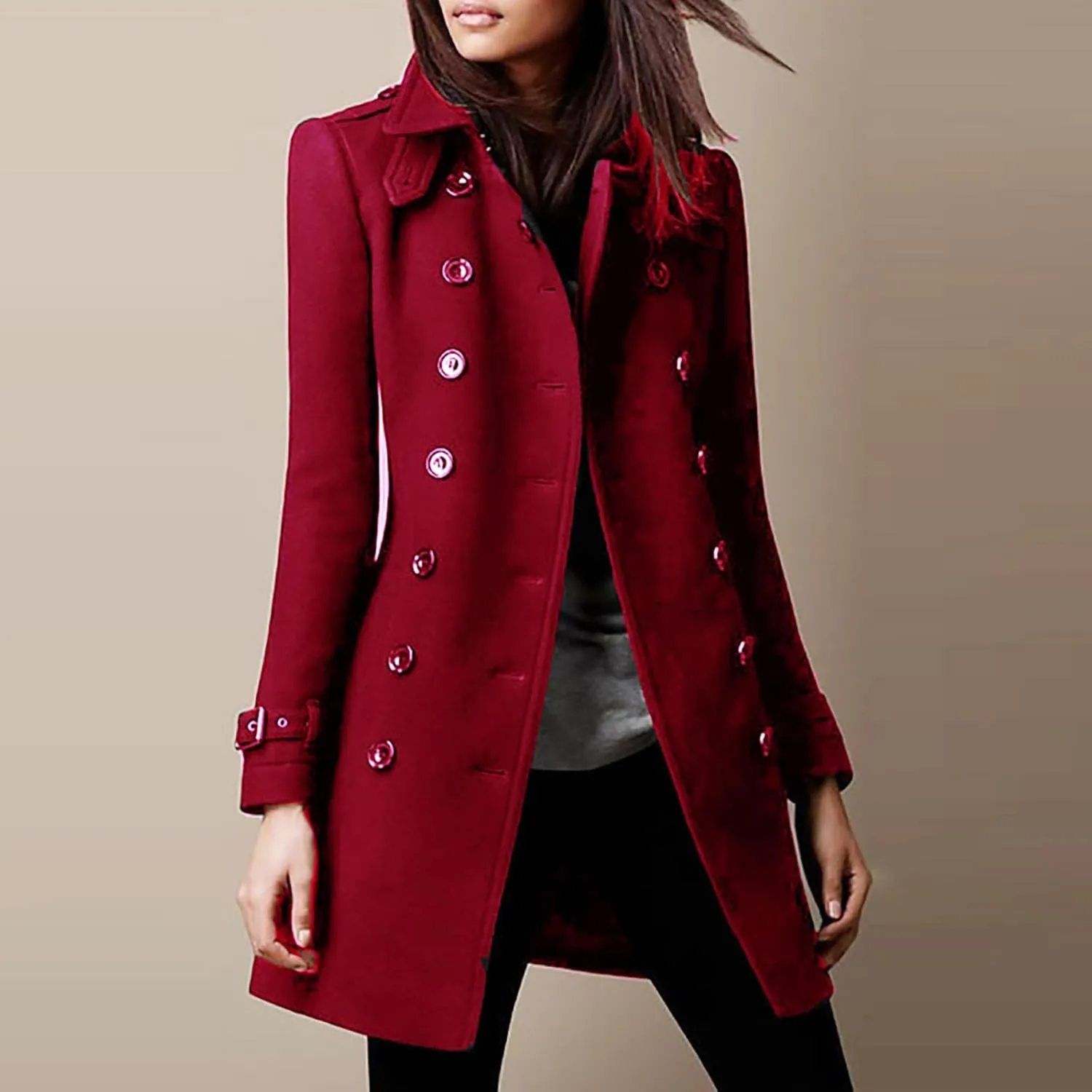 Women's Winter Wool Blend Jacket Lapel Collar Double-Breasted Wool Blend Long Trench Coat Mid Long Pea Coat Warm 2024