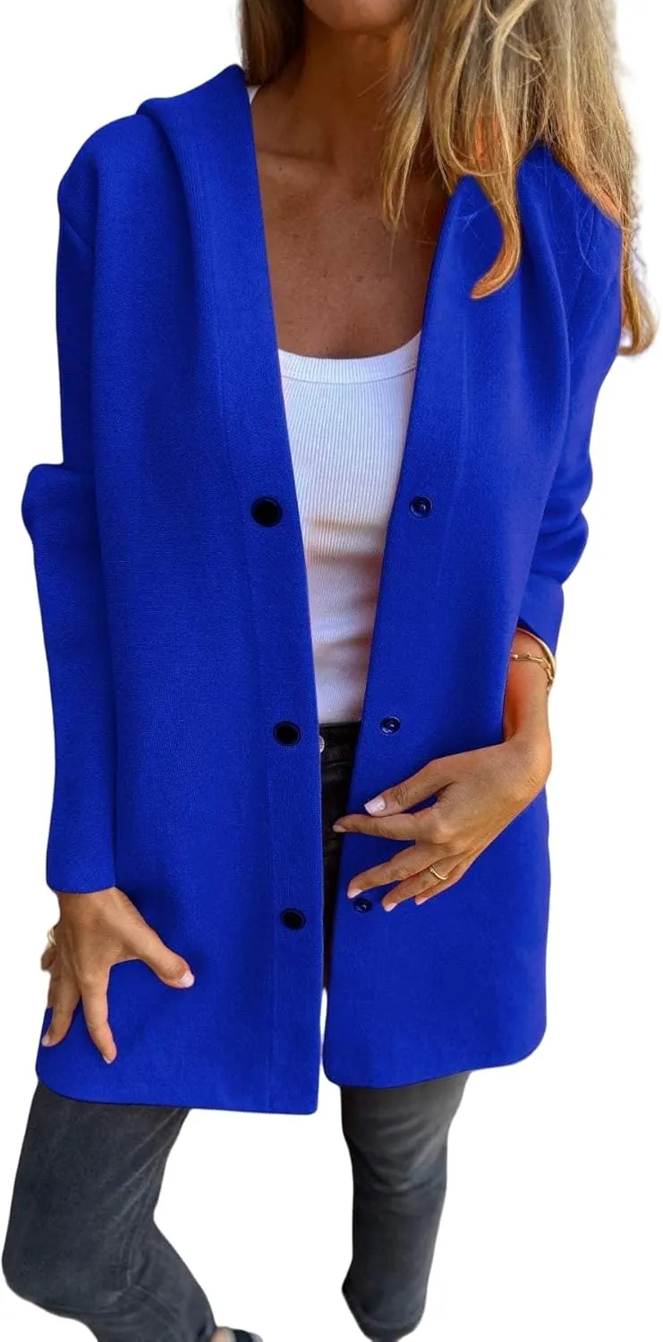 Womens Wool Blend Coat Casual Double Breasted Hooded Jacket Winter Warm Long Sleeve Trench Coat Overcoat