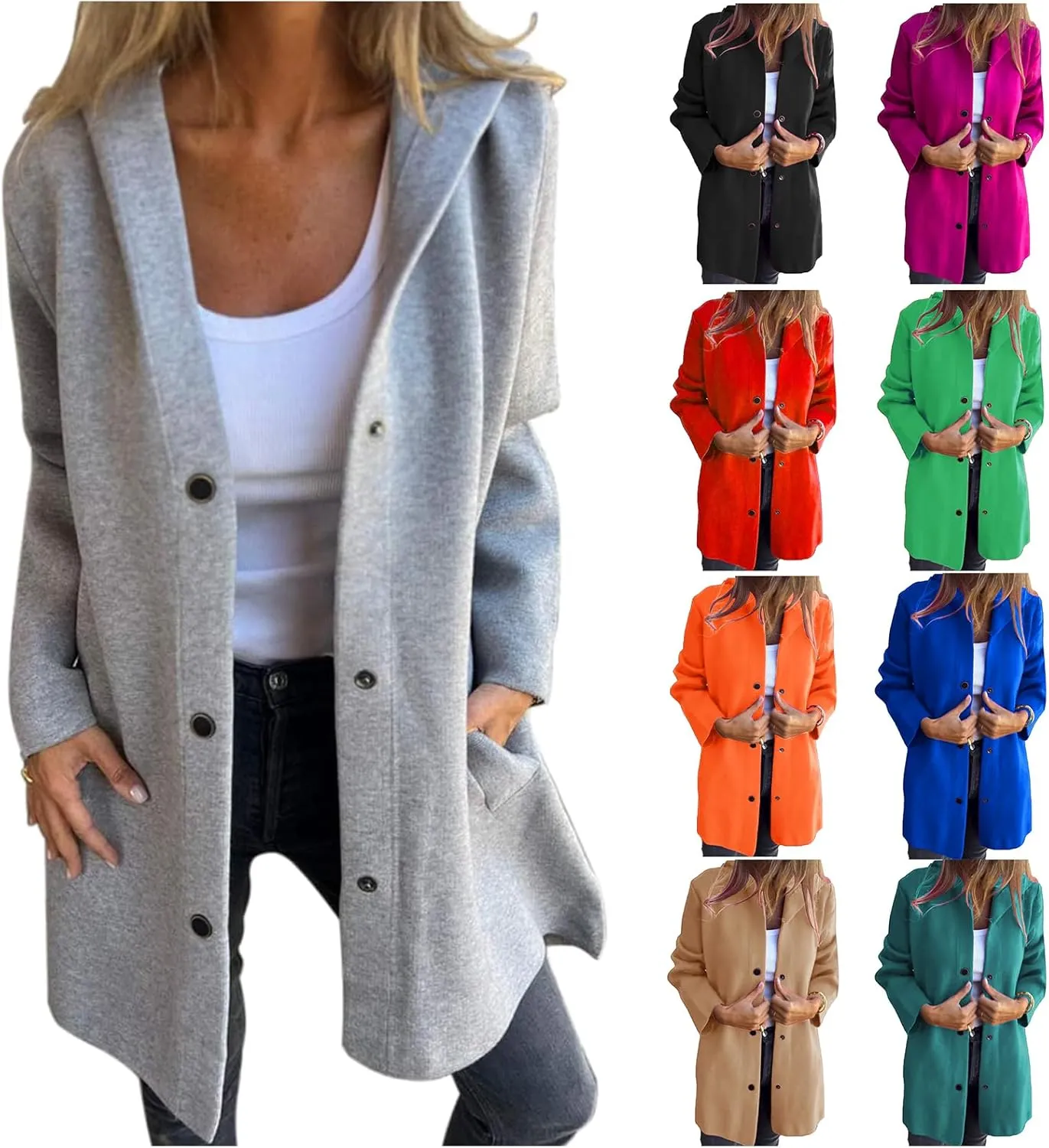Womens Wool Blend Coat Casual Double Breasted Hooded Jacket Winter Warm Long Sleeve Trench Coat Overcoat