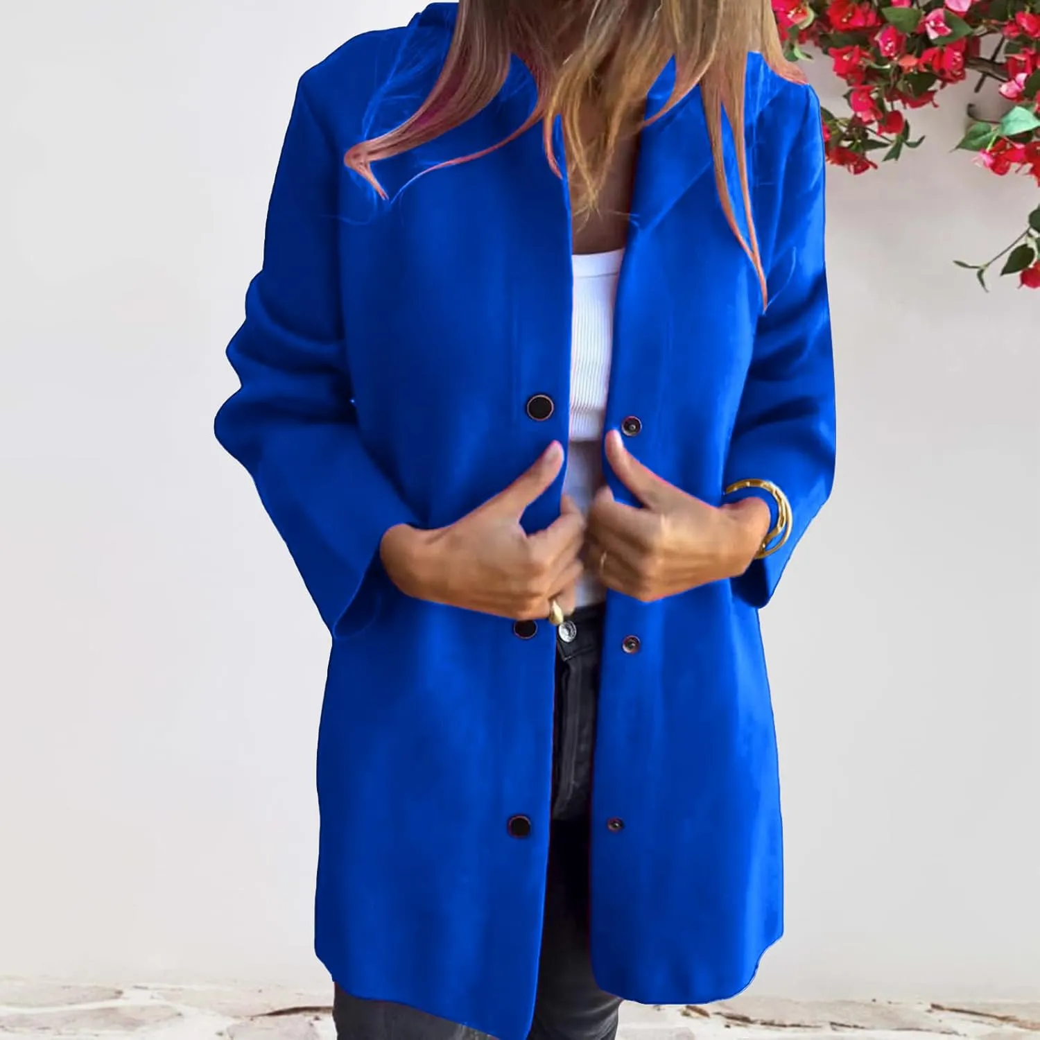 Womens Wool Blend Coat Casual Double Breasted Hooded Jacket Winter Warm Long Sleeve Trench Coat Overcoat