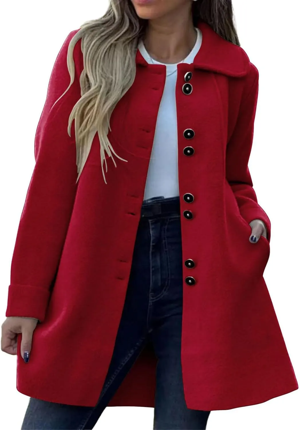 Womens Wool Blend Coat Casual Lapel Single Breasted Pea Coat Winter Thicken Trench Coats Jacket with Pockets