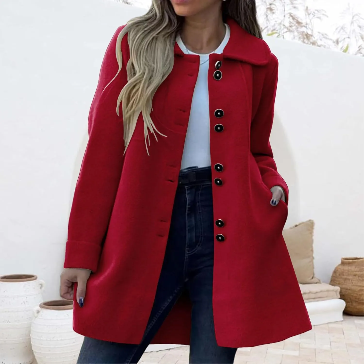 Womens Wool Blend Coat Casual Lapel Single Breasted Pea Coat Winter Thicken Trench Coats Jacket with Pockets