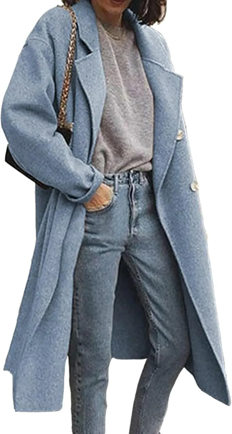 Womens Wool Blend Coat Notched Collar Double Breasted Peacoat Long Trench Overcoat Winter