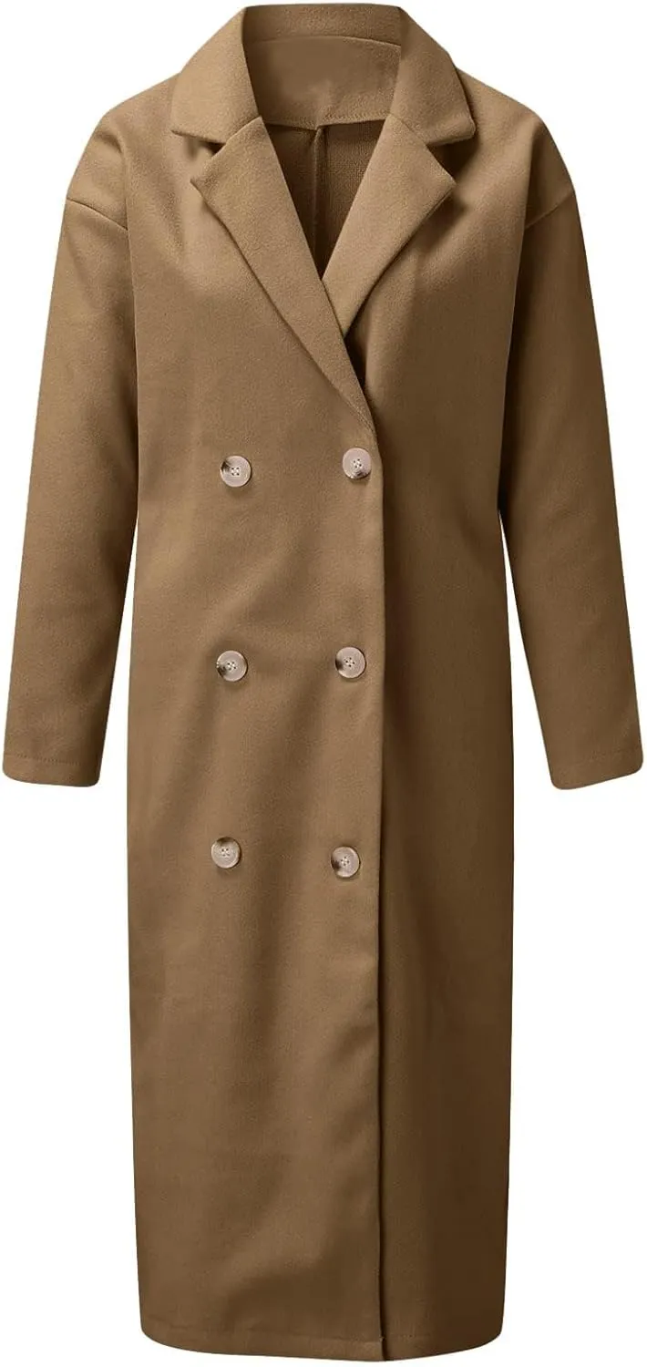 Womens Wool Blend Coat Notched Collar Double Breasted Peacoat Long Trench Overcoat Winter