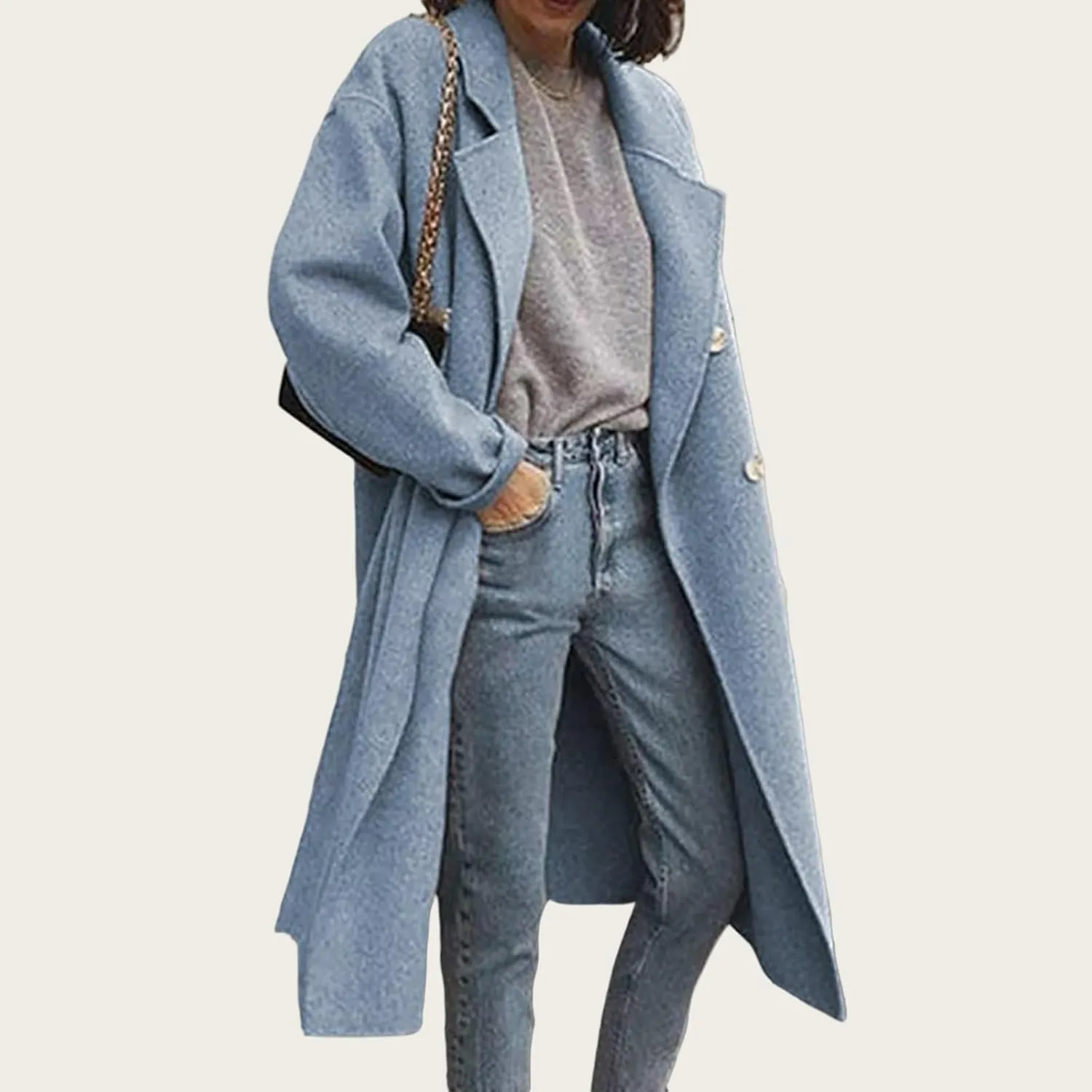 Womens Wool Blend Coat Notched Collar Double Breasted Peacoat Long Trench Overcoat Winter
