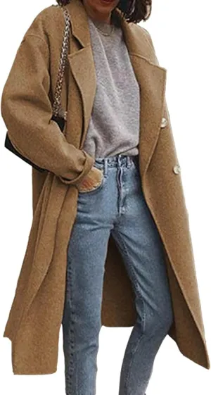 Womens Wool Blend Coat Notched Collar Double Breasted Peacoat Long Trench Overcoat Winter