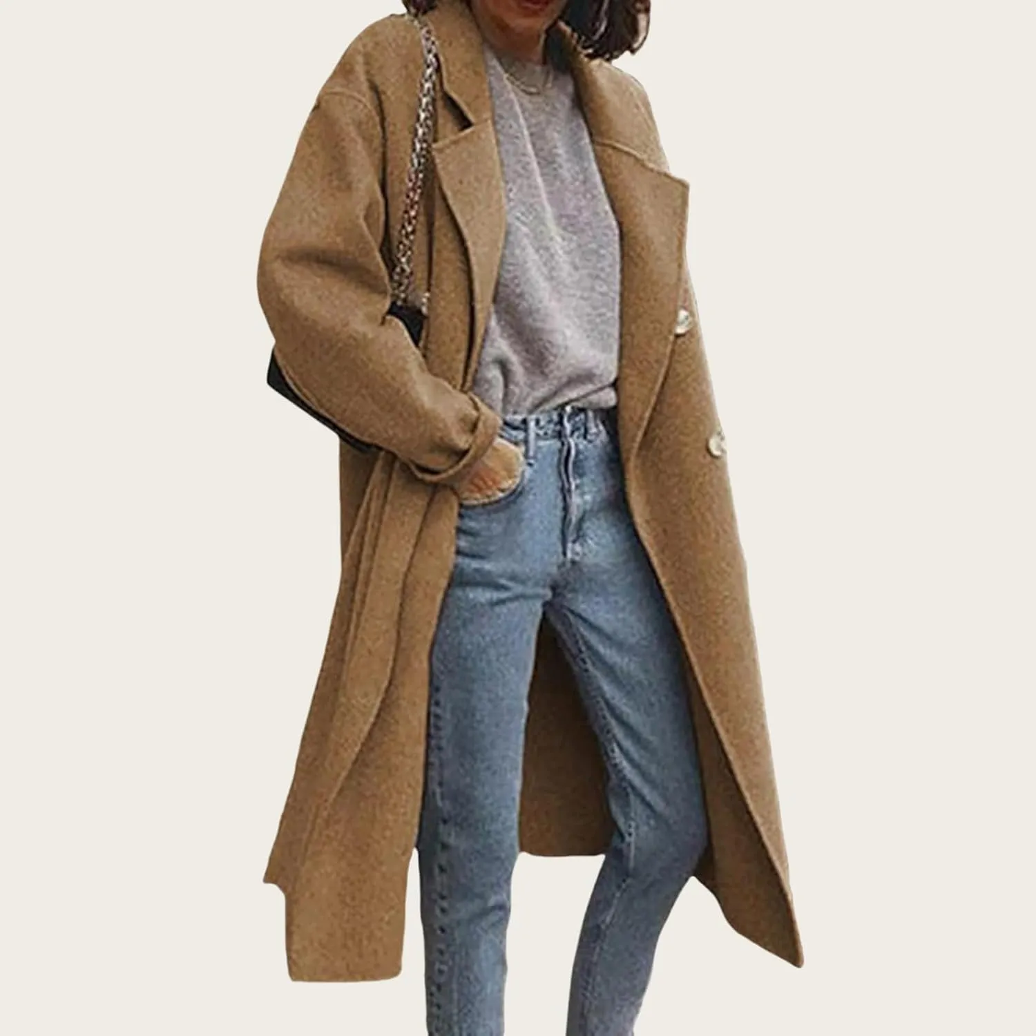 Womens Wool Blend Coat Notched Collar Double Breasted Peacoat Long Trench Overcoat Winter