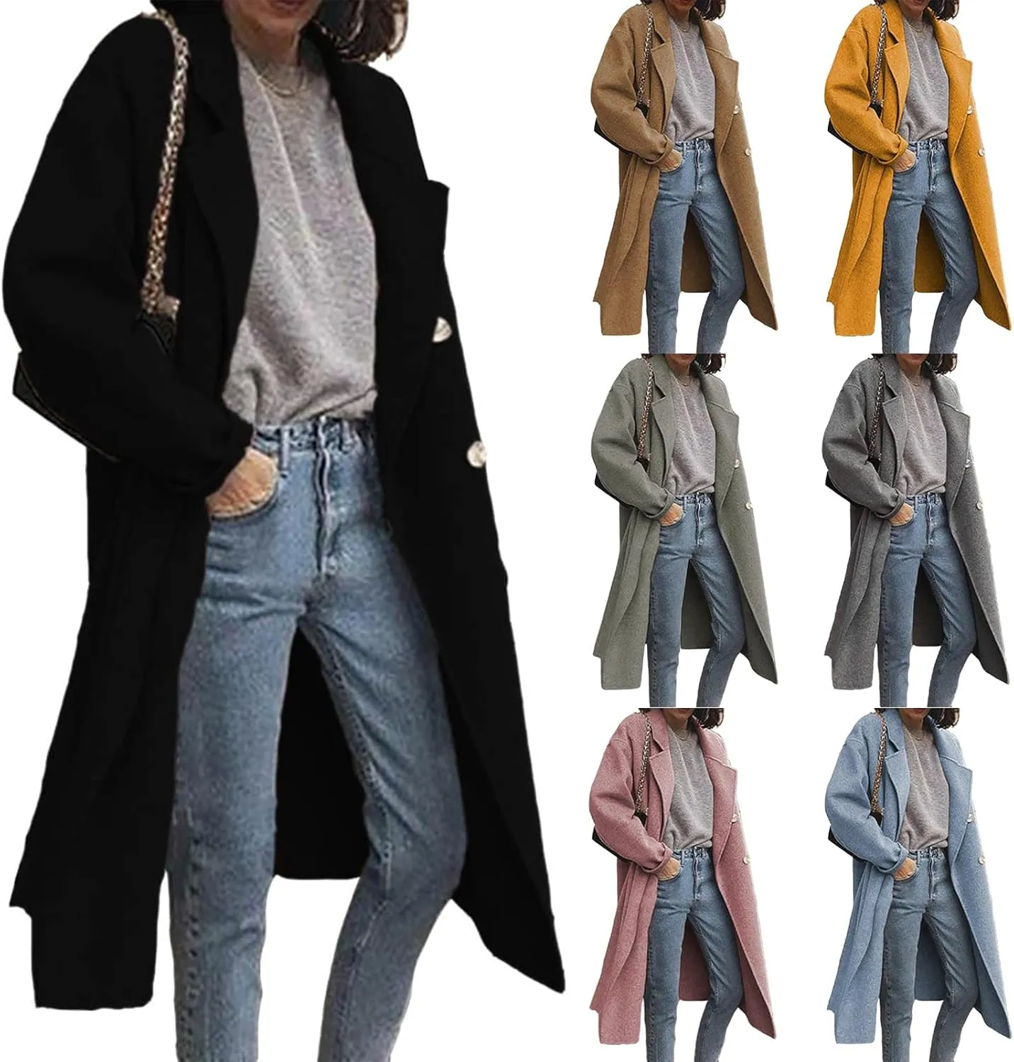 Womens Wool Blend Coat Notched Collar Double Breasted Peacoat Long Trench Overcoat Winter