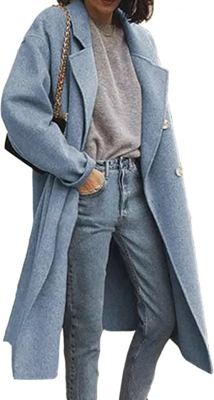 Womens Wool Blend Coat Notched Collar Double Breasted Peacoat Long Trench Overcoat Winter