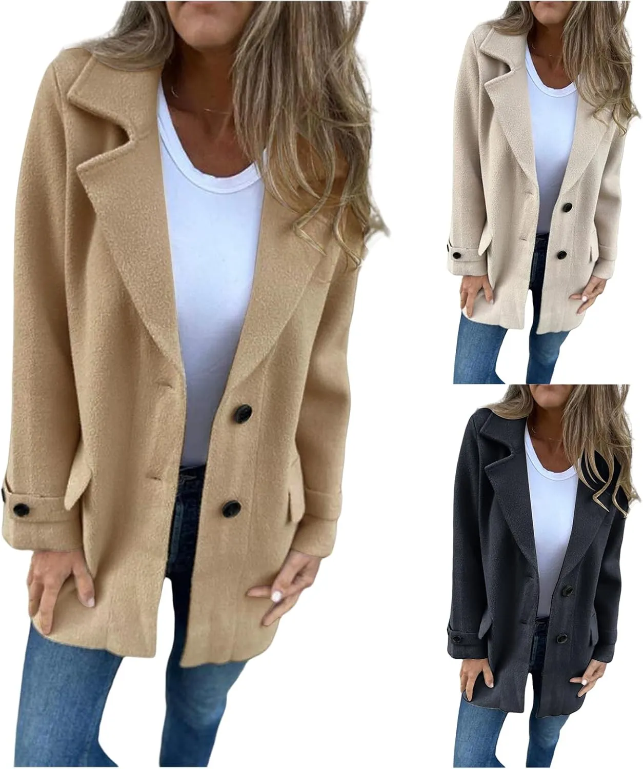 Womens Wool Blend Coat Notched Lapel Jacket Open Front Botton Down Cozy Warm Outerwear
